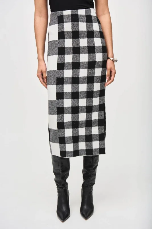 Joseph Ribkoff Black/Vanilla Check Jacquard Knit Pull On Midi Skirt 243947 corduroy skirt comfortable