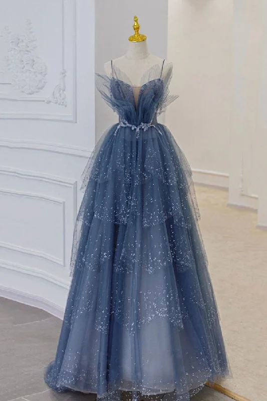 A Line Blue Tulle Long Prom Dress Spaghetti Straps Evening Party Dress OK1170/OK1932 Tunics Mesh breathable A Line Blue Tulle Long Prom Dress Spaghetti Straps Evening Party Dress OK1170/OK1932 Tunics Mesh breathable