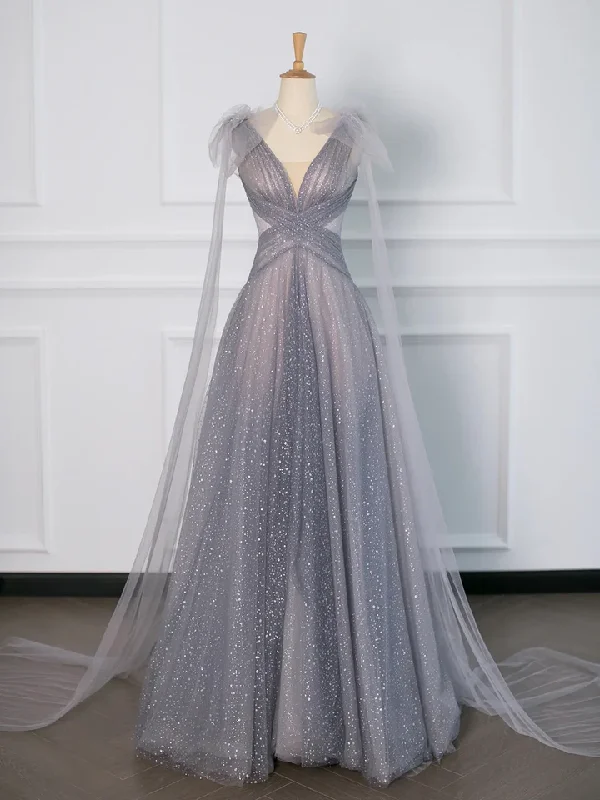 Gray Tulle V-Neck A-Line Backless Elegant Evening Party Dress, DP2481 Satin Halter Glamorous Gray Tulle V-Neck A-Line Backless Elegant Evening Party Dress, DP2481 Satin Halter Glamorous
