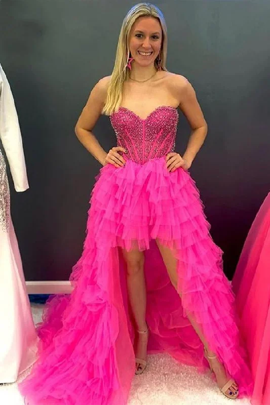 Hot Pink Beaded High Low Sweetheart Prom Dress Party Dress Tunics Chic fashionable