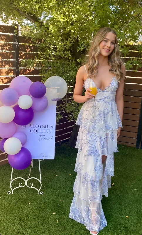 Elegant V Neck Tiered Backless Long Party Dress with Slit, DP2424 Tunics Cozy soft