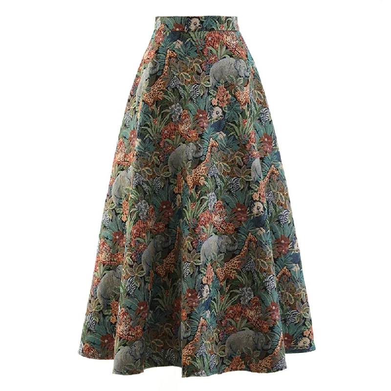 Vintage Animal Print High Waist A-line Jacquard Midi Skirt leather skirt sleek