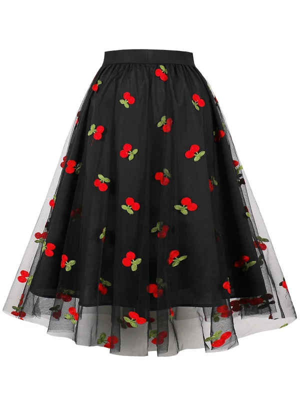 Vintage 1950s Mesh Red Cherry Skirt lace skirt feminine