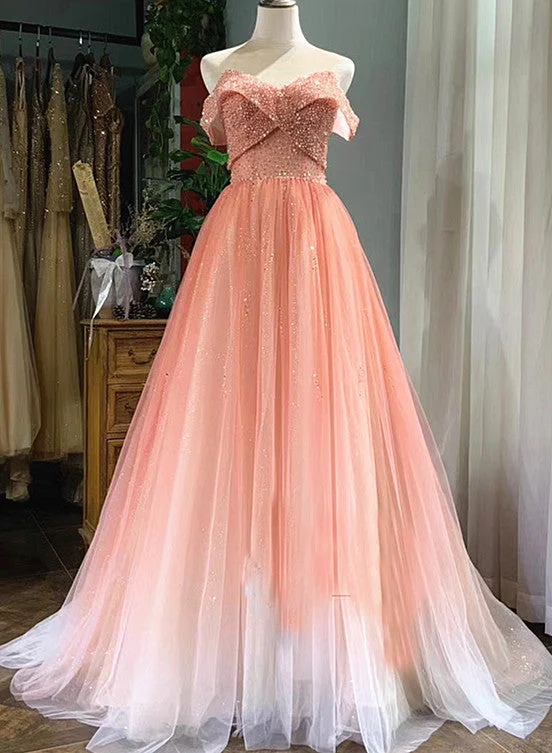 Beautiful Pink Tulle Gradient Beaded Off Shoulder Party Dress, Pink Prom Gown Tunics Custom made