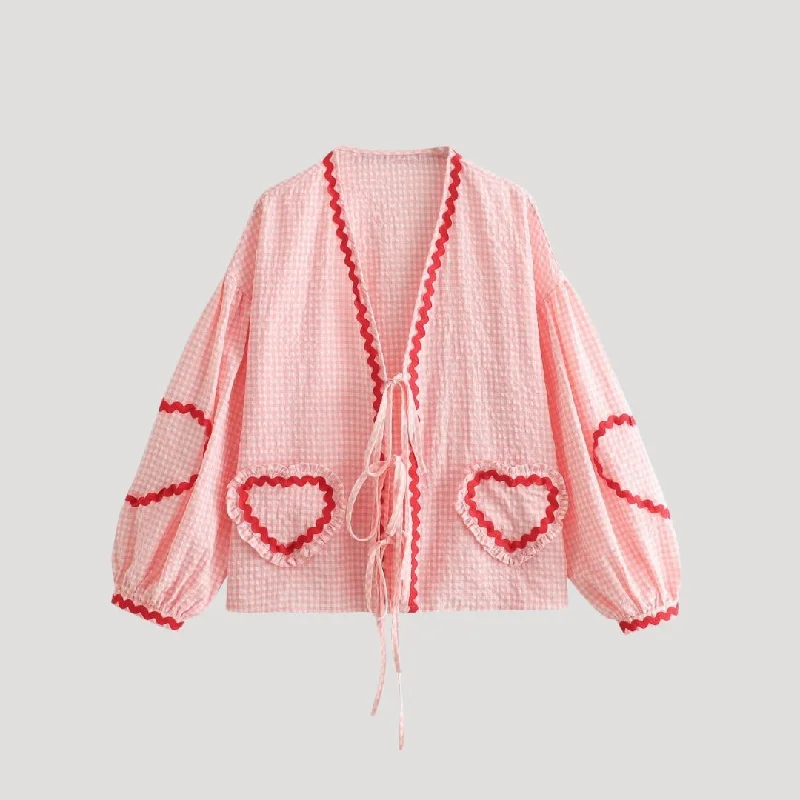 Gingham tie-front cardigan with heart details Lightweight Heavyweight Midweight