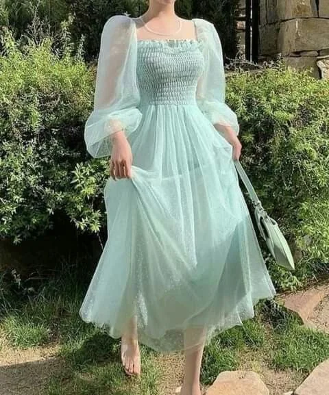 Light green skirt hollow French super fairy puff sleeve polka dot mesh dress sexy party dress cc292 Tunics Mesh breathable