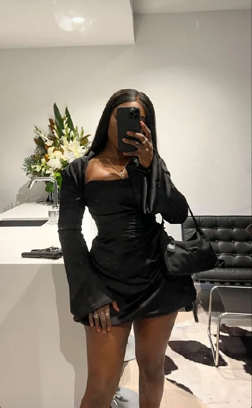 Black Long Sleeves Black Girl Short Party Dress, DP2687 Tunics Corduroy durable