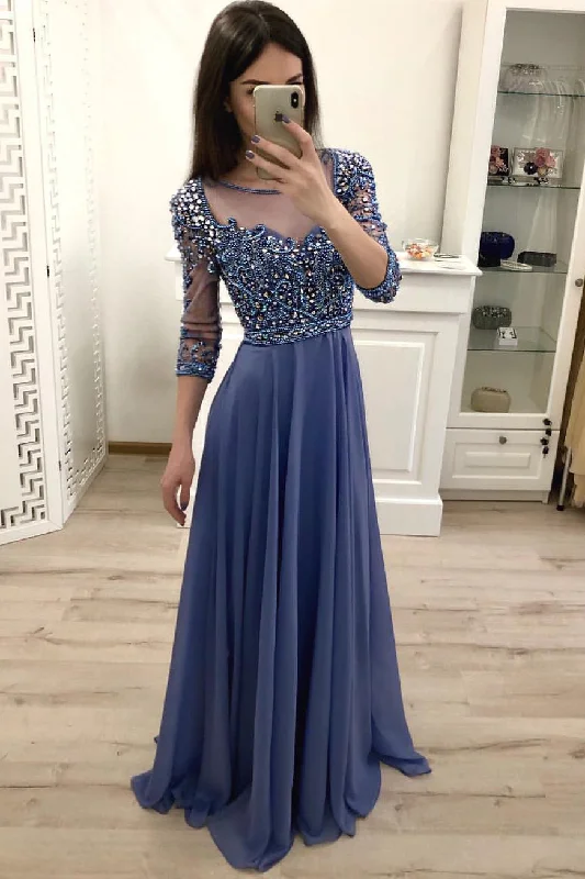 Chiffon A Line 3/4 Sleeves Beaded Blue Long Prom Dress, Formal Party Dress OKI18 Tunics Evening elegant Chiffon A Line 3/4 Sleeves Beaded Blue Long Prom Dress, Formal Party Dress OKI18 Tunics Evening elegant