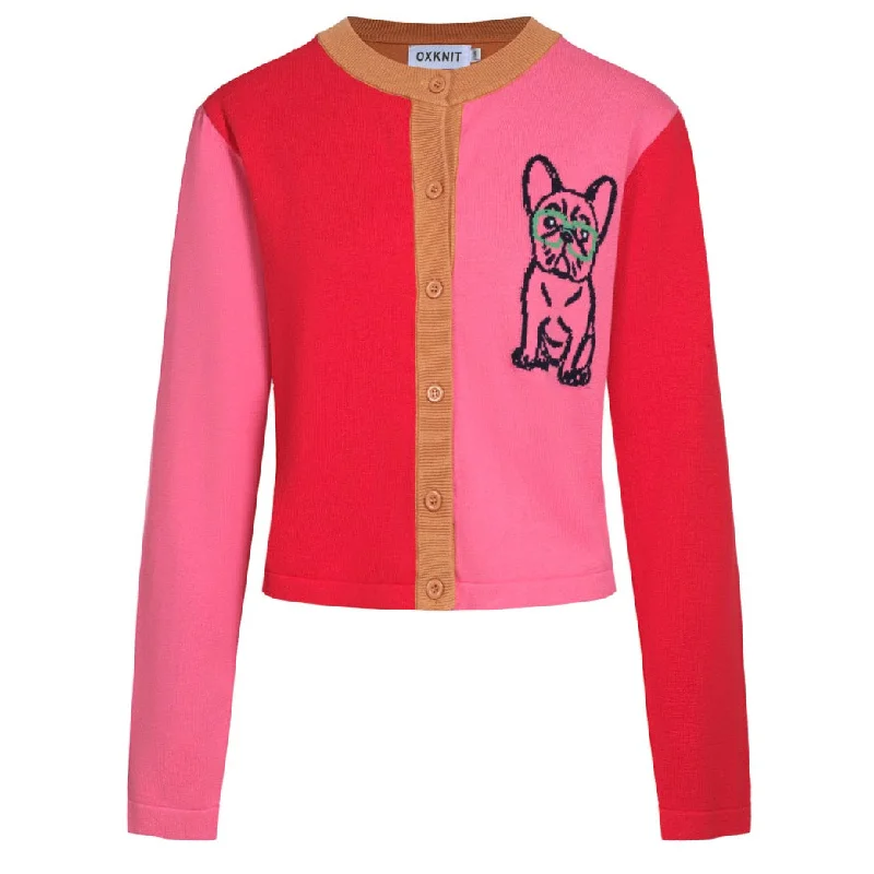 Women's red matching Bulldog cardigan sweater-Cropped Length Fitted Slim Tailored