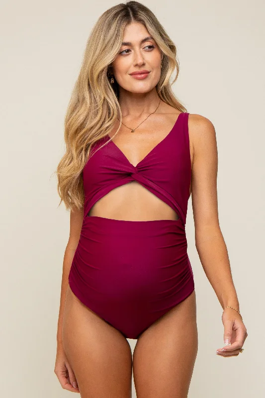 Plum Ruched Sides Front Cutout Maternity One Piece Swimsuit Cross-Back Bikini