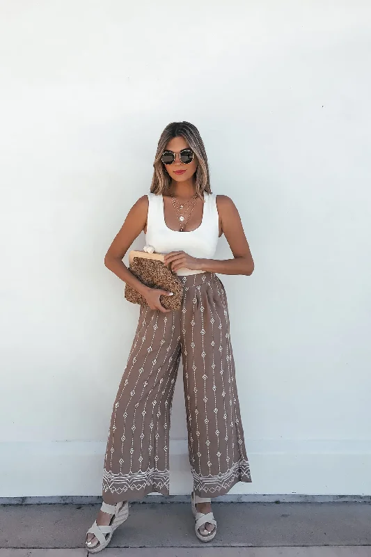 Embroidered Tan Pleated Wide Leg Pants Trendy Tapered Pants