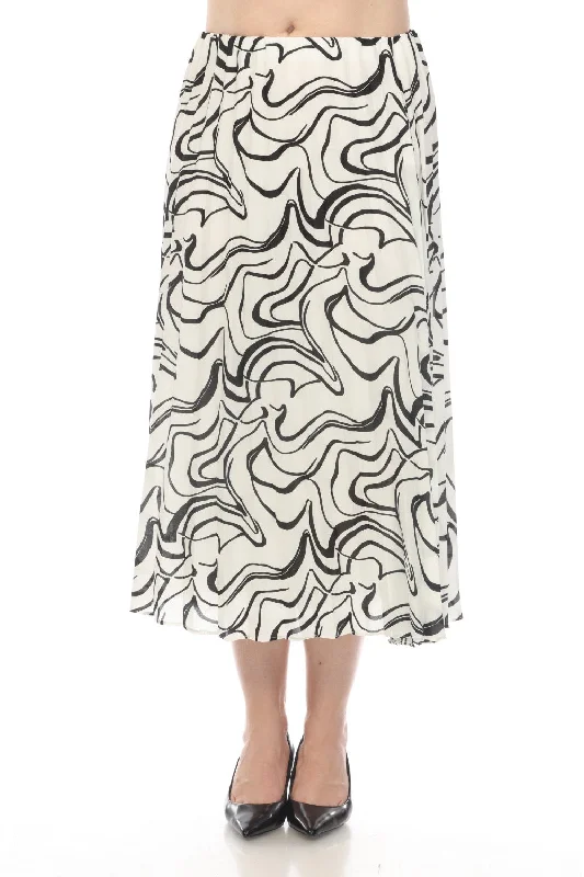Joseph Ribkoff Vanilla/Black Scribble Print Pleated Pull On Midi Skirt 241301 ribbed skirt waist