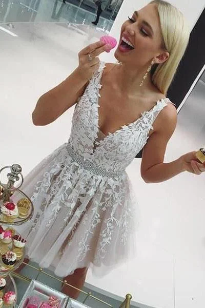 A Line Ivory V Neck Beads Straps Homecoming Dresses with Lace Appliques Short Party Dress Tunics Distressed trendy A Line Ivory V Neck Beads Straps Homecoming Dresses with Lace Appliques Short Party Dress Tunics Distressed trendy