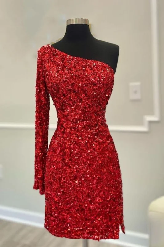 one shouder-long sleeves tight red sequins short party dress homecoming dress C809 Turtleneck Warm Winter one shouder-long sleeves tight red sequins short party dress homecoming dress C809 Turtleneck Warm Winter