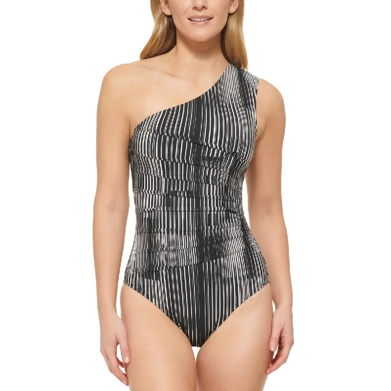 Calvin Klein Womens Striped One-Shoulder One-Piece Swimsuit Cross-Back Bikini