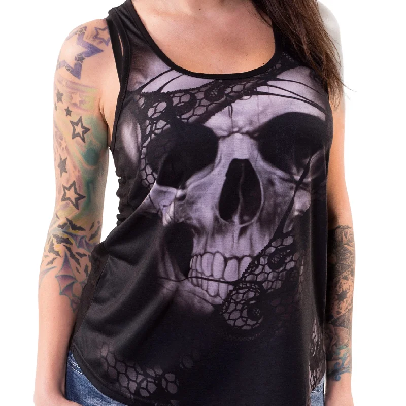 Black Lace Rip Skull Razor Back Tank Top fitted tank top