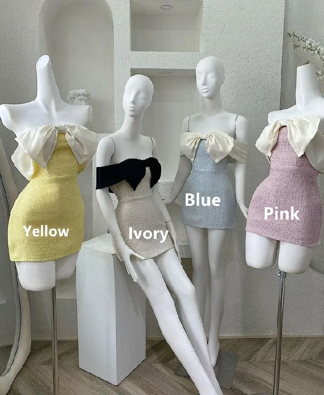 Yellow Off Shoulder Sheath Bowknot Short Party Dress Homecoming Dress, DP3526 Tunics Polka dots