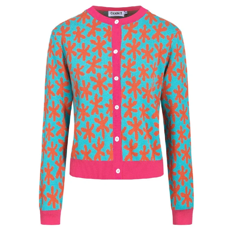 Women's sky blue jacquard cardigan sweater-Cropped Length Anti-Pilling Anti-Shrink Durable