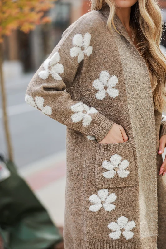 FINAL SALE - Beautiful Persona Mocha Floral Sweater Cardigan Beaded Cardigan Sequined Faux Fur