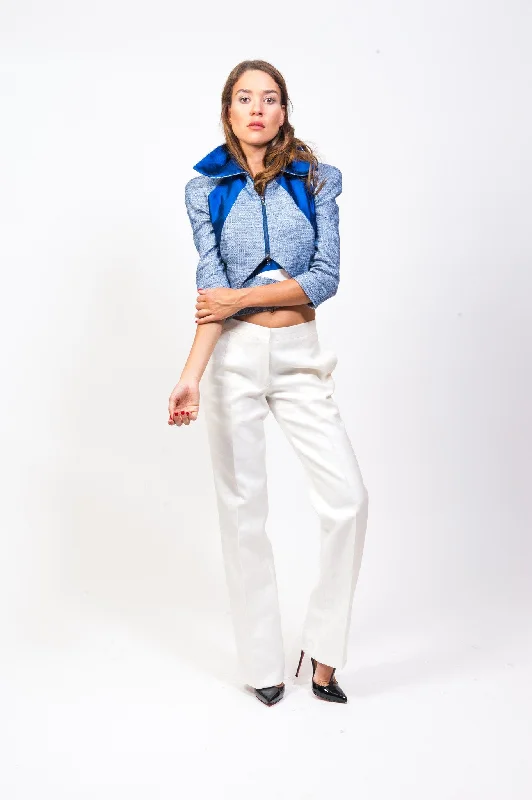 Blue Jacket White Pants Tiered Jacket Buttoned Jacket Zippered Jacket