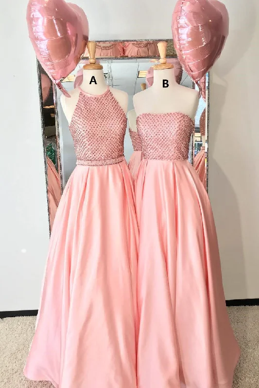 Gorgeous A-line Pink Satin Long Prom Party Dresses OKK92 Pencil Length Work