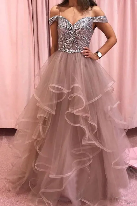 Rhinestones Layered Off the Shoulder Prom Dress Rose Pink Tulle Party Dress OKS12 Tunics Sophisticated sleek