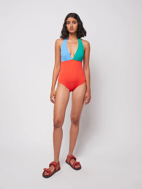 Color Block Terry V.Neck Swimsuit Sexy Swimwear Set