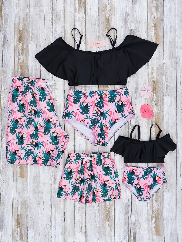 Family Tropical Leaves Swimsuit Solid Color Swimsuit