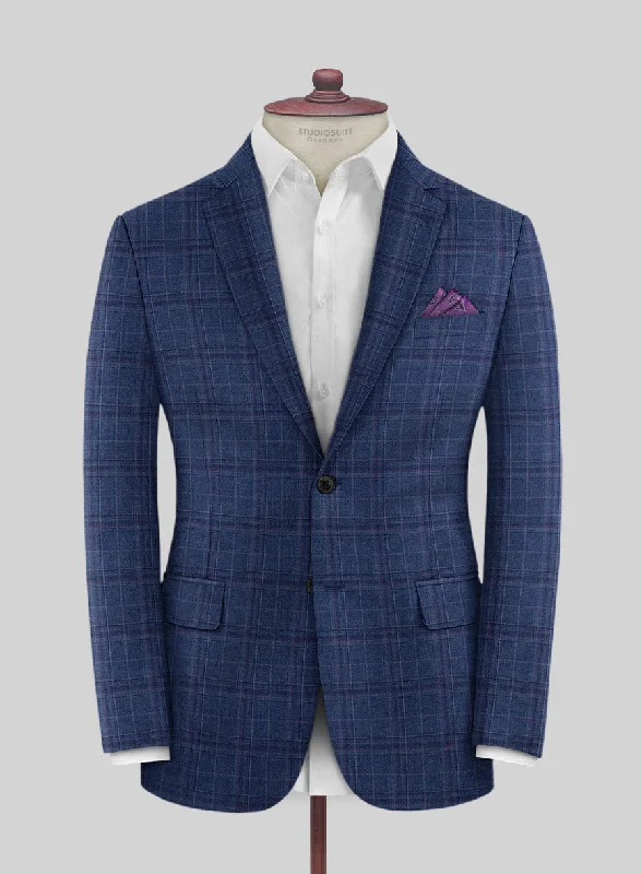 Reda Cerulean Blue Checks Wool Jacket Welt Pockets Slit Pockets Flap Pockets