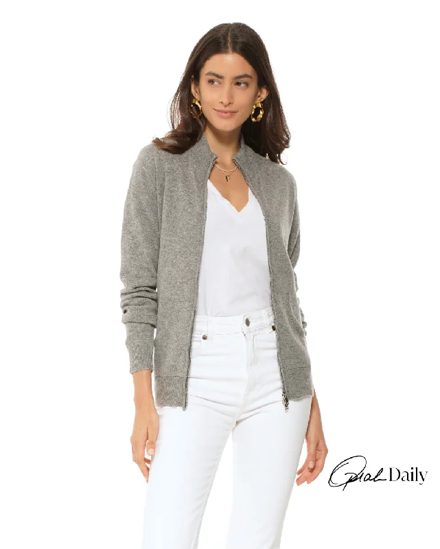 Oprah Daily - Women's Cashmere Zip Cardigan Medium Grey Mesh Fabric Canvas Fabric Denim Fabric