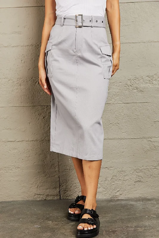 Professional Poise Buckled Midi Skirt flowy skirt hem