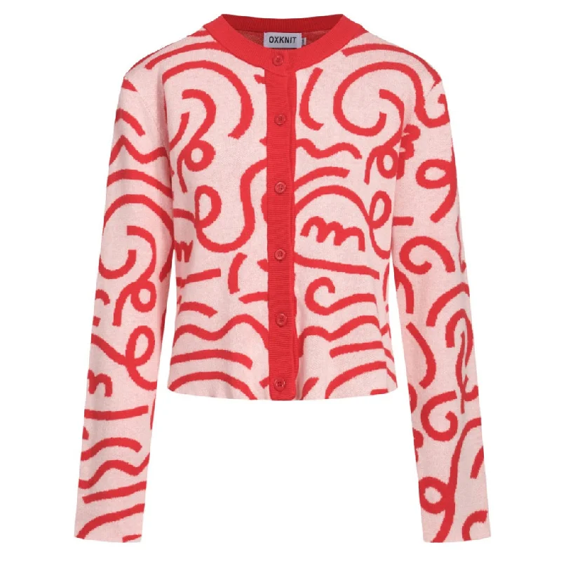 Women's red jacquard vintage cardigan sweater-Cropped Length Seamless Knitted Crochet