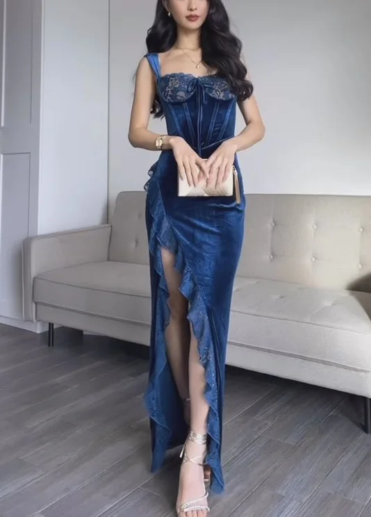 Navy Blue Straps Sheath Velvet Lace Long Formal Party Dress, DP3433 Tunics Timeless classic Navy Blue Straps Sheath Velvet Lace Long Formal Party Dress, DP3433 Tunics Timeless classic