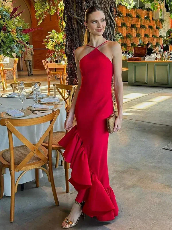 Sexy Red Halter Backless Ruffles Evening Party Dress, DP2777 Tunics Solid Classic