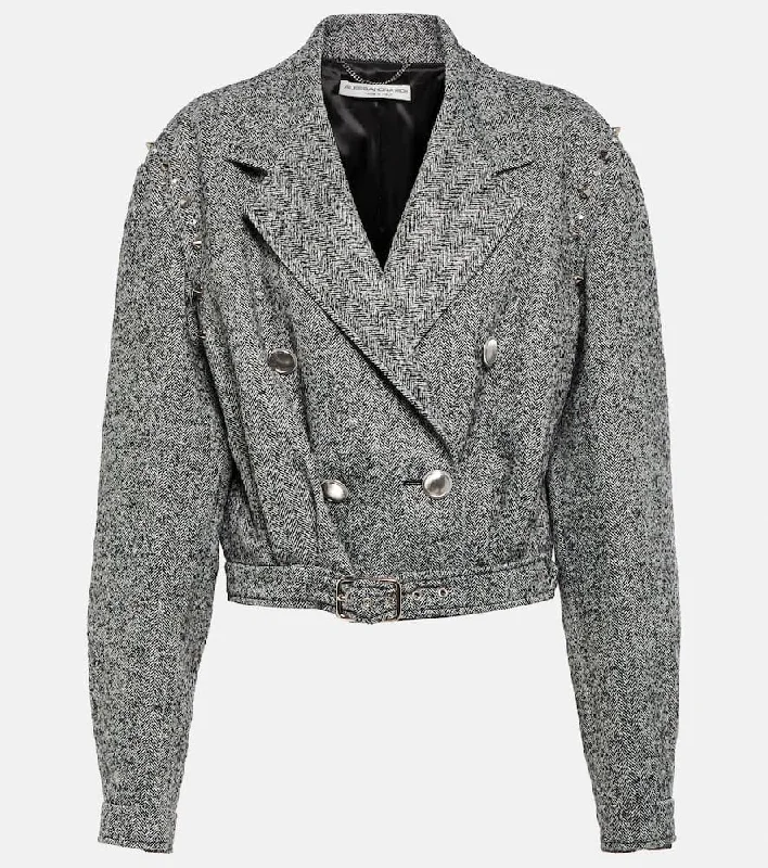 Alessandra Rich Herringbone cropped wool-blend jacket Nylon Jacket Polyester Jacket Spandex Jacket