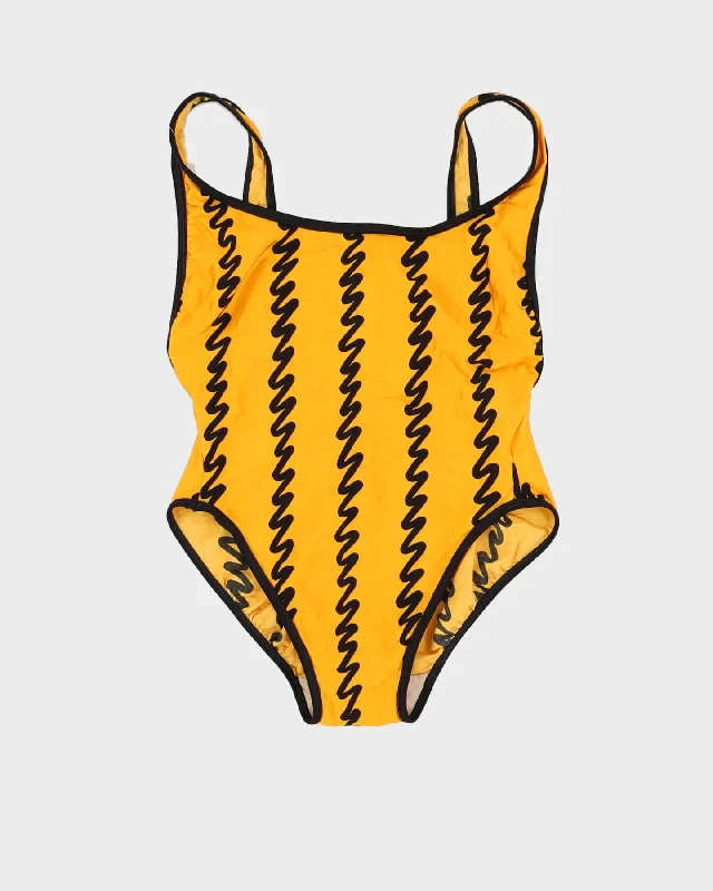 Y2K 00s Orange Patterned Swimsuit - S Plunge Neckline Swimsuit