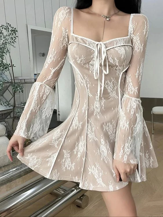 Lace Low Cut Flared Sleeve A-line Party Dress cc1244 Tunics Luxurious premium