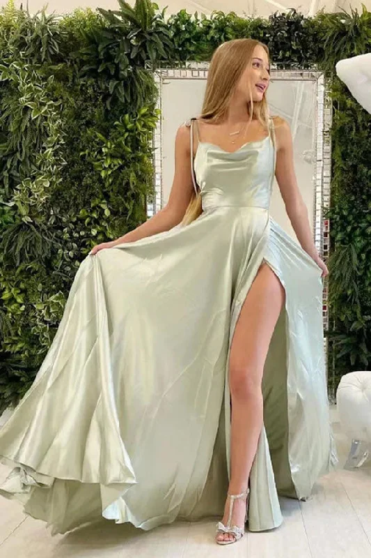 A-line Sage Green Satin Straps Prom Dress Simple Party Dress Tunics Review highly