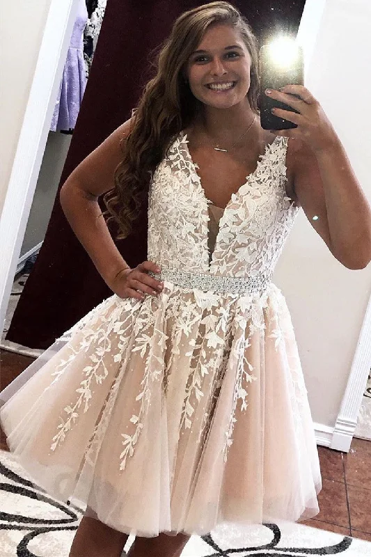 Princess V Neck Short Ivory Lace Party Dress Tunics Trendy modern