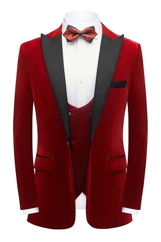 Three Pieces Red Velvet Prom Suits Peaked Lapel Jacket Vest Pants Denim Jacket Leather Jacket Suede Jacket
