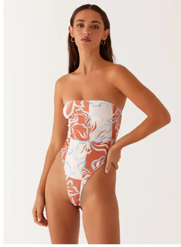 Maxine Strapless One Piece Swimsuit - Orange Blue Floral Minimalist One-Piece