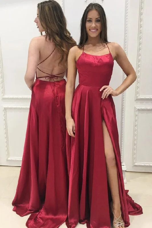 Burgundy Spaghetti Strap Prom Dresses with Slit, Sexy Long Party Dresses OKJ86 Tunics Short Trendy Burgundy Spaghetti Strap Prom Dresses with Slit, Sexy Long Party Dresses OKJ86 Tunics Short Trendy