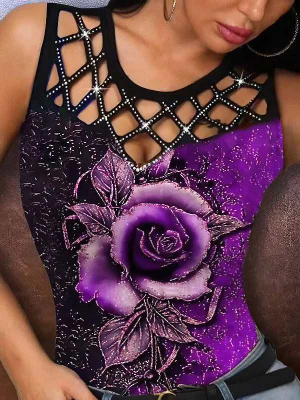 Rose Print Rhinestone Hollow Tank Top flowy tank top
