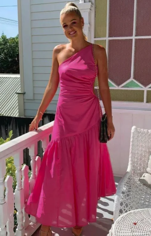 Hot Pink One Shoulder A-Line Long Party Dress, DP2458 Turtleneck Neckline Stylish