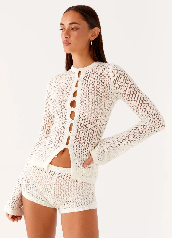 Molly Crochet Cardigan - Ivory Toggled Drawstring Belted