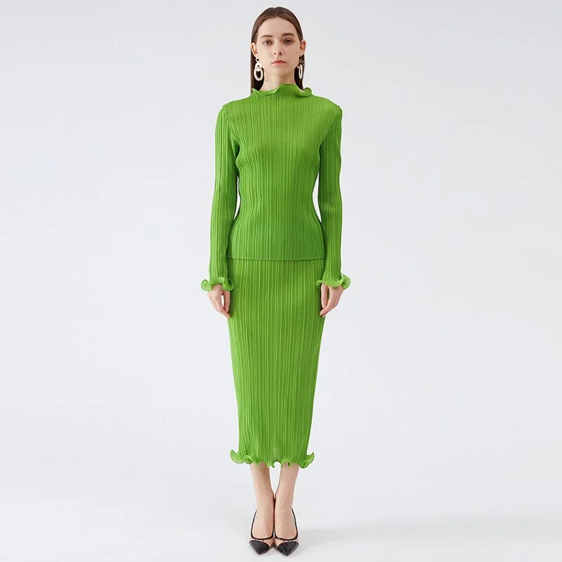 Miyake Pleated Top and Midi Skirt Set lace skirt delicate