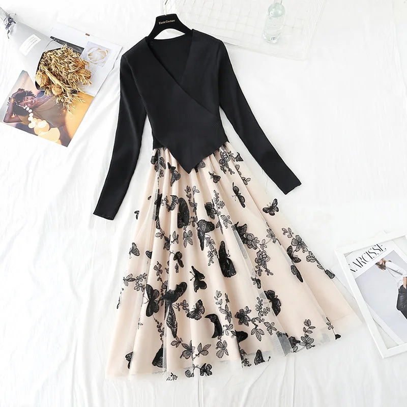 Irregular knit stitching fake two-piece mesh Butterfly Embroidery skirt female  2152 cashmere skirt fine