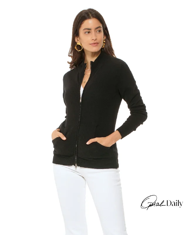 Oprah Daily - Women's Cashmere Zip Cardigan Black Cotton Fabric Linen Fabric Terry Fabric