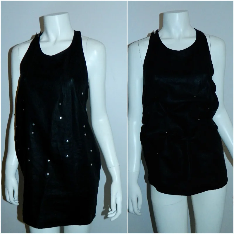 vintage 1990s black mini dress Popy Moreui linen studded racer back tank top French 40 / US XS - S peach tank top