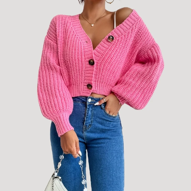 Chunky knit balloon sleeve cardigan Cashmere Blend Cotton Blend Poly Blend